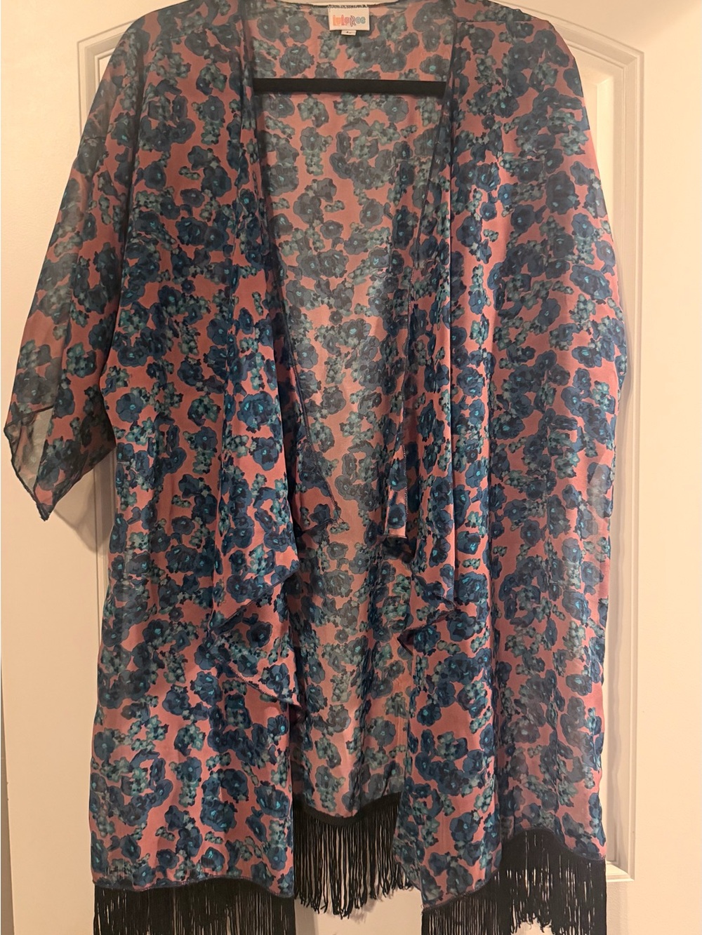 LuLaRoe Pink and Teal Floral Fringe Kimono